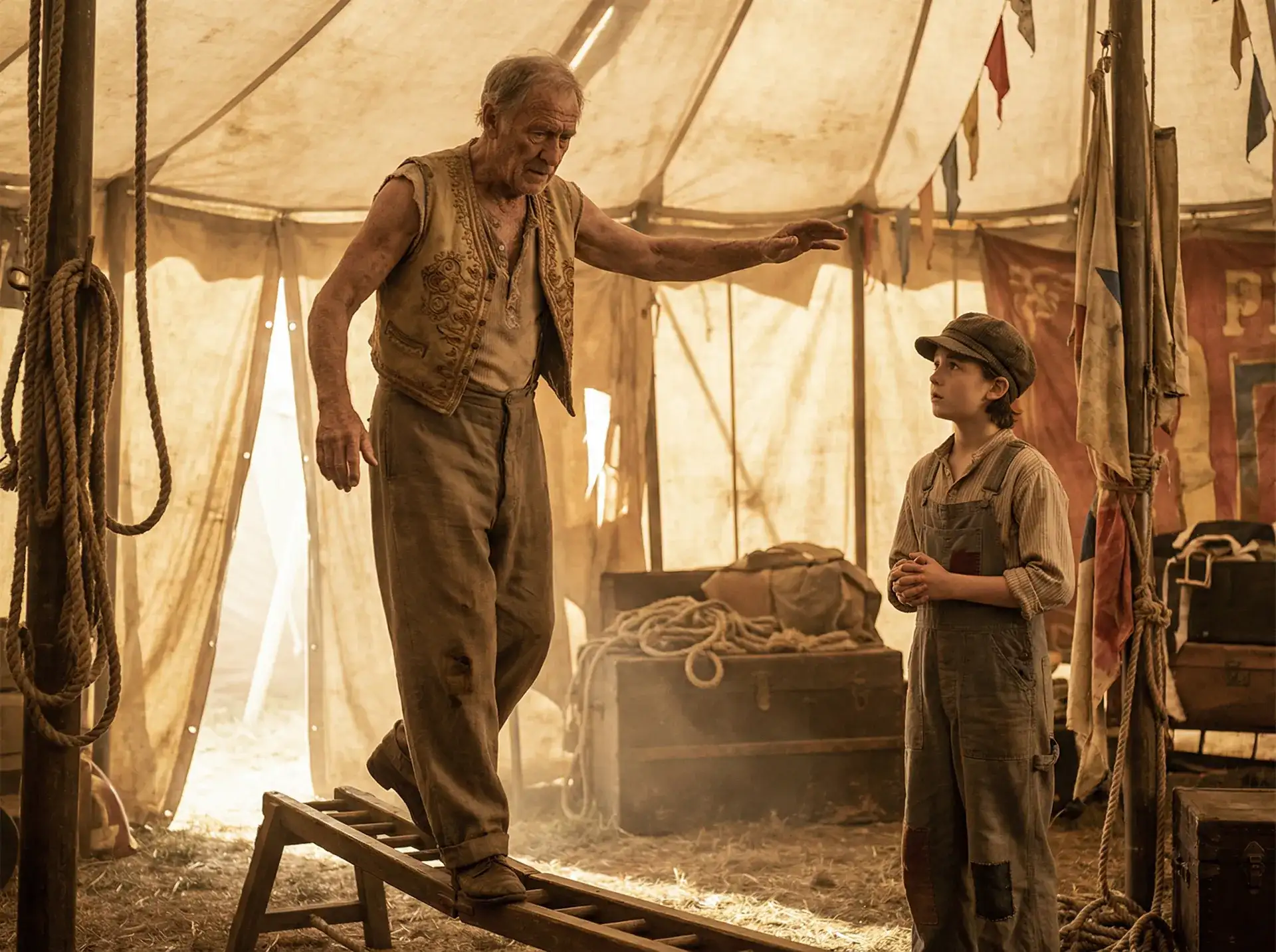 非凡娱乐 - 年迈的马戏大师向年轻学徒传授平衡技艺